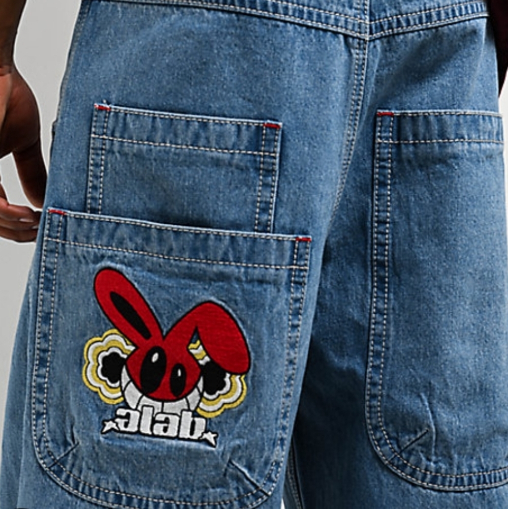 A.LAB Men’s Relaxed Blue Denim Jeans with Red Patch